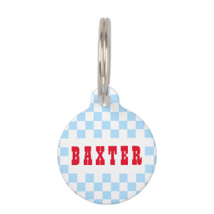 Retro Blue White Checkered Dog Puppy Cat Name Huisdierpenning