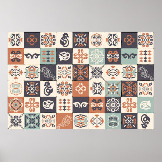 Retro Blue, white en oranje Azulejos Pattern Lisb Poster