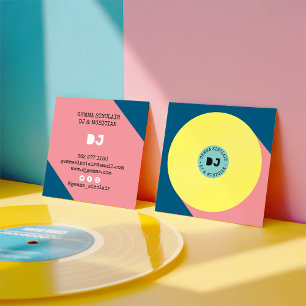 Retro blue yellow modern muziek dj vinylmusicus vierkante visitekaartje
