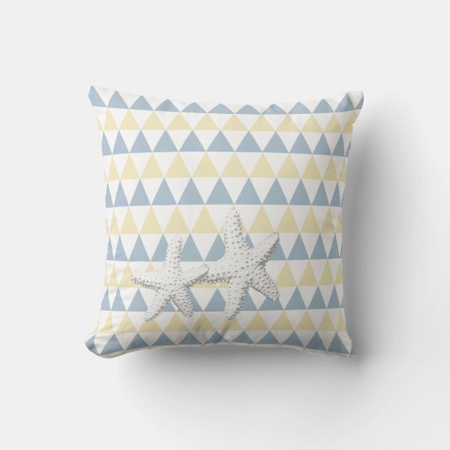 Retro Blue & Yellow Tri-Pattern Starfish Couple Kussen (Voorkant)