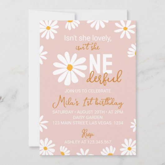Retro Blush Rose Daisy Invitation premier annivers (Devant)