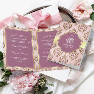 Retro Blush Roze Paars Goud Damast Moslim Bruiloft