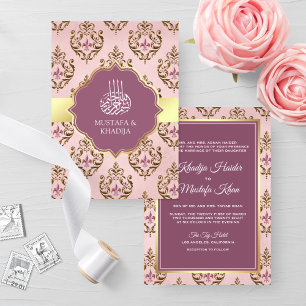 Retro Blush Roze Paars Goud Damast Moslim Bruiloft Kaart