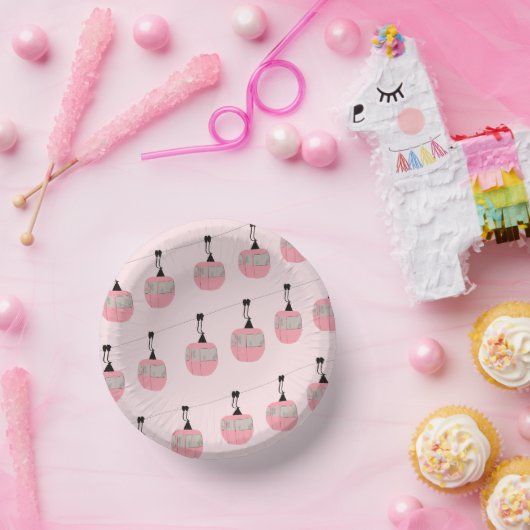 Retro Blush Roze Ski Gondola Lift Skiërs Papieren Kommen (Feest)