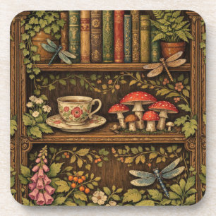 Retro boekenplank paddenstoelen koffie bloemen bier onderzetter