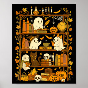 Retro Boekenplank Zwarte Kat Halloween Geest Lezen Poster