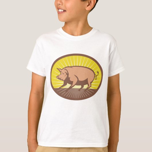 Retro Boerderij Pig met Sunburst T-shirt (Voorkant)
