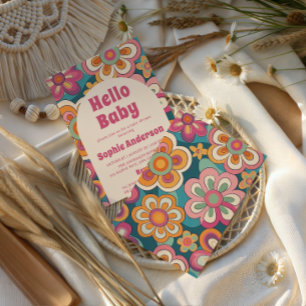 Retro Boho 70s Groovy Bloemen Baby Shower Kaart