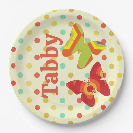 Retro boho 70's streep polka stip vlinder oranje papieren bordje (Voorkant)