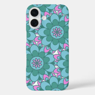 Retro Boho Blauwgroen Mandala Flower Pattern iPhone 16 Hoesje