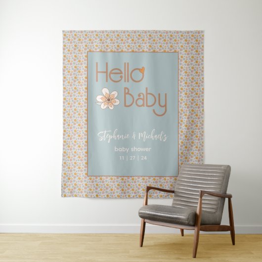 Retro Boho Bloemen Baby shower Achtergrond Tapestr Wandkleed (In situ)