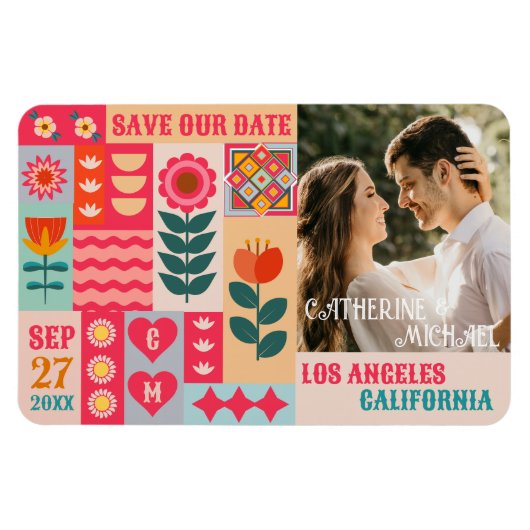 Retro Boho Bloemen Bold & Bright Save The Date Magneet (Horizontaal)