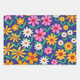 Retro boho bloemen tuin op marineblauw  inpakpapier vel