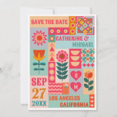 Retro Boho Bloemen Vet & Helder QR Code Bruiloft Save The Date (Voorkant)