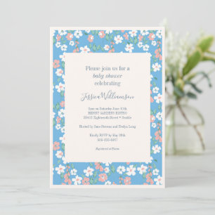 Retro Boho Blue Ditsy Flowers Baby shower Kaart