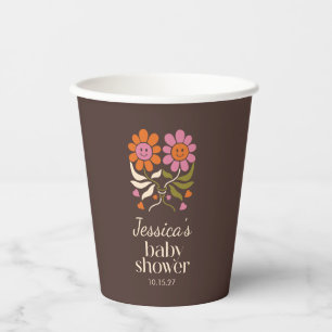 Retro Boho Brown Flower Groovy Baby shower Custom Papieren Bekers