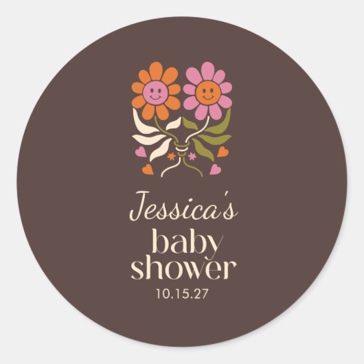 Retro Boho Brown Flower Groovy Baby shower Custom Ronde Sticker (Voorkant)