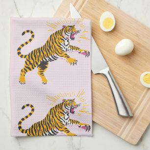 Retro Boho Brullende Tijger Oranje Roze Theedoek