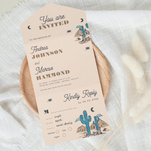 Retro Boho Cream Cactus Desert Destination Wedding All In One Uitnodiging