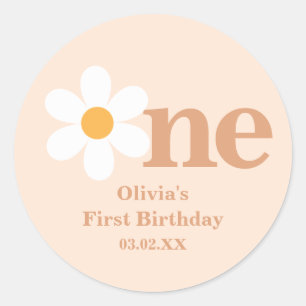 Retro Boho Eén Madeliefje Eerste Verjaardag Ronde Sticker