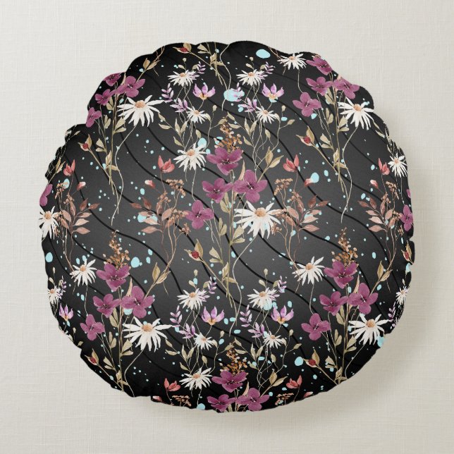 Retro Boho Elegante Wildbloemen Rond Kussen (Voorkant)