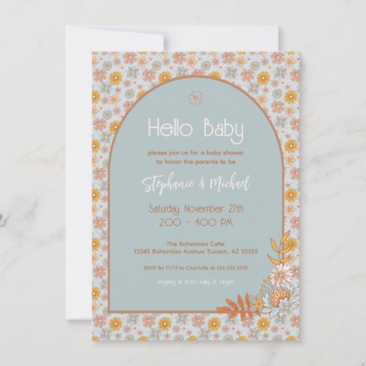 Retro Boho Floral Baby shower Invitation garçon (Devant)