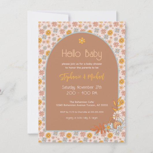 Retro Boho Floral Baby shower Uitnodiging (Voorkant)