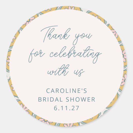 Retro Boho Floral Yellow Custom Shower Dank u Ronde Sticker (Voorkant)