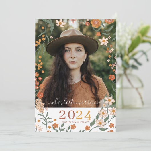 Retro Boho Foto Afstudeer Uitnodiging (Staand voorkant)