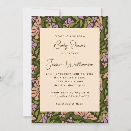 Retro Boho Green Botanical Groovy Baby shower Kaart (Voorkant)