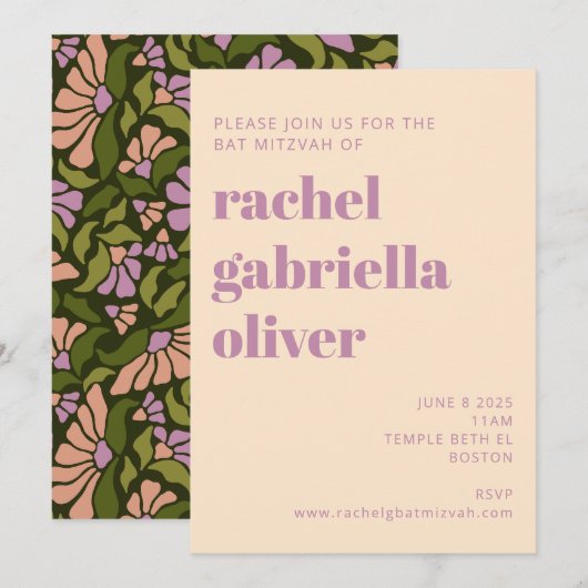 Retro Boho Groen Botanisch Groovy Bat Mitzvah Kaart (Voorkant / Achterkant)