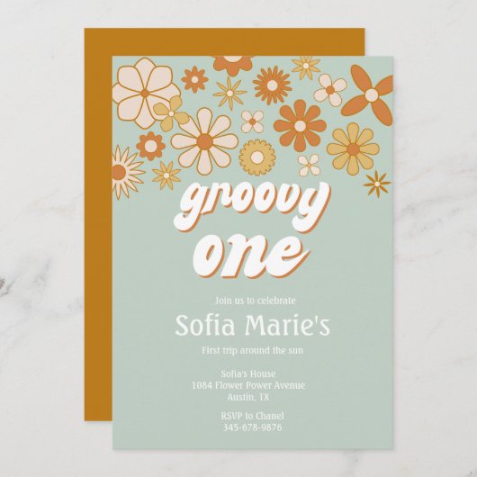 Retro Boho Groovy One Boho First Birthday Invitati Kaart (Voorkant / Achterkant)
