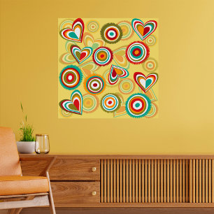 Retro Boho Harten en Cirkels 70s Groovy Patroon Poster
