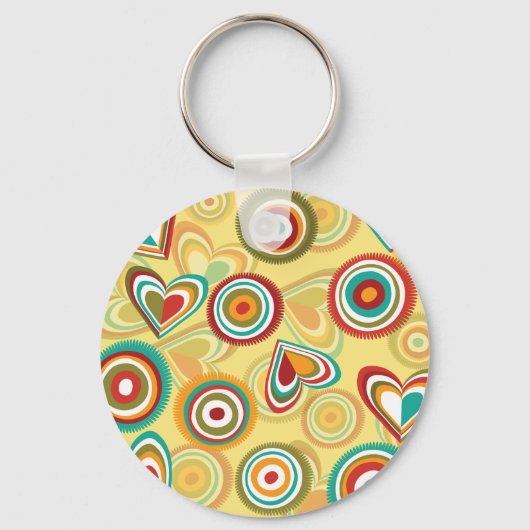 Retro Boho Harten en Cirkels 70s Groovy Patroon Sleutelhanger (Voorkant)