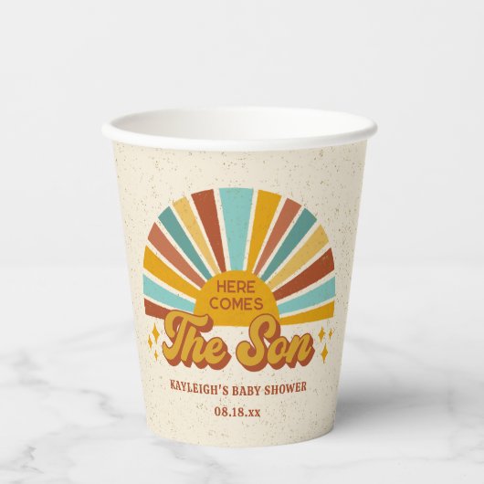 Retro Boho Hier komt het Son Baby shower Papieren Bekers (Voorkant)