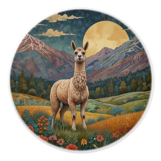 Retro boho lama alpaca berglandschap keramische knop (Voorkant)