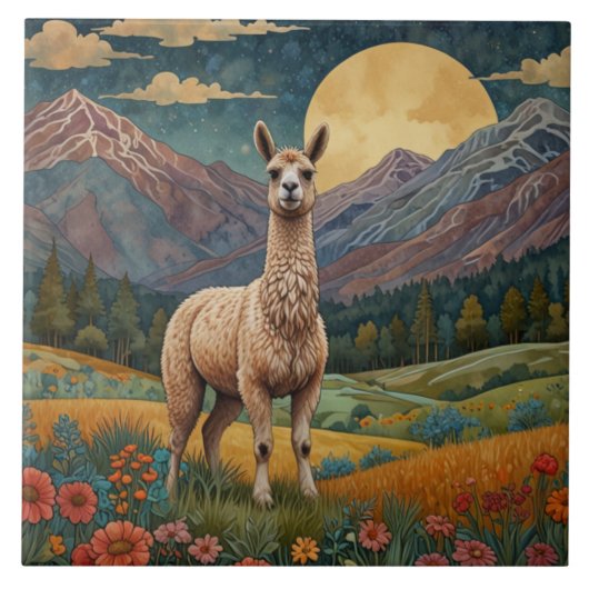 Retro boho lama alpaca berglandschap tegeltje (Voorkant)