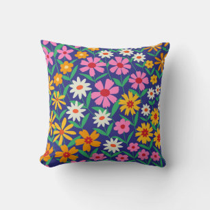 Retro Boho Lente Kleurrijke Bloemen op Marineblauw Kussen