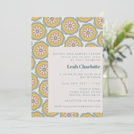 Retro Boho Mandala Floral Pastel Bat Mitzvah Kaart (Staand voorkant)