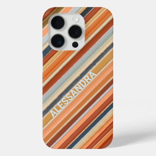 Retro  boho monogram sinaasappel blauw strepen Case-Mate iPhone case (Achterkant)