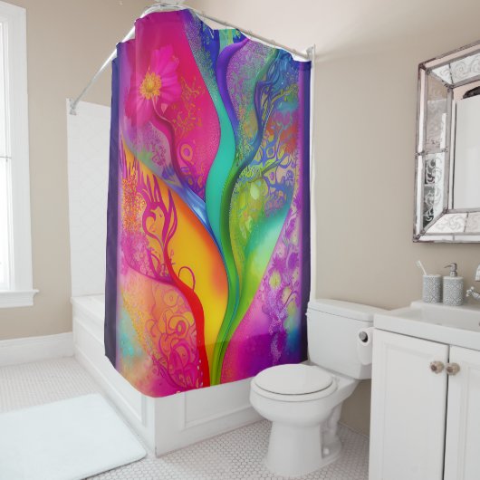 Retro Boho Neon Abstrait rideau de douche Floral (En situation)