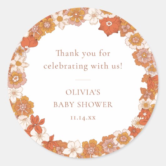 Retro Boho Orange Floral Baby Shower Thank You Ronde Sticker (Voorkant)