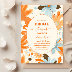 Retro Boho Oranje Blauwe Bloemrijke Groovy Bruilof Kaart