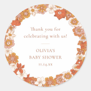 Retro Boho Oranje Bloemige Baby Shower Dank Je Ronde Sticker