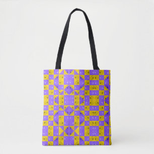 Retro Boho Paars & Geel Madeliefje Schaakbord Draagtas
