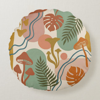 Retro Boho Paddenstoel & Botanische Aardtinten Rond Kussen