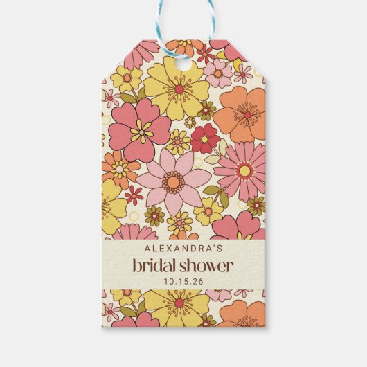 Retro Boho Pink Yellow Floral Custom Vrijgezellenf Cadeaulabel (Voorkant)