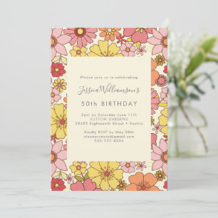 Retro Boho Pink Yellow Floral Groovy 50th Birthday Kaart