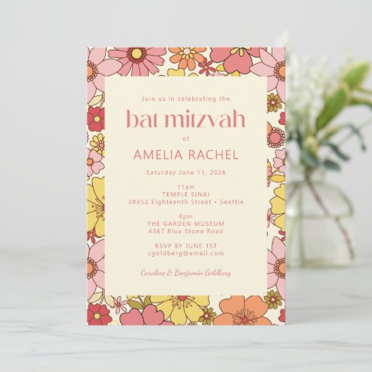 Retro Boho Pink Yellow Floral Groovy Bat Mitzvah Kaart (Staand voorkant)