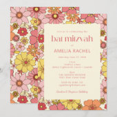 Retro Boho Pink Yellow Floral Groovy Bat Mitzvah Kaart (Voorkant / Achterkant)